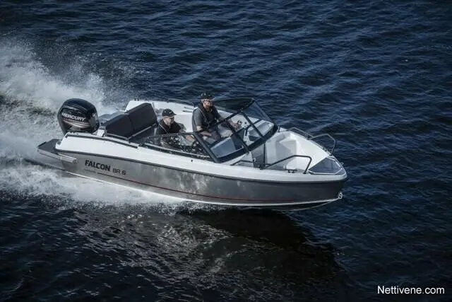 Two men are driving a Falcon boat on calm water, with a Mercury motor, against a dark blue background. Nettivene.com.